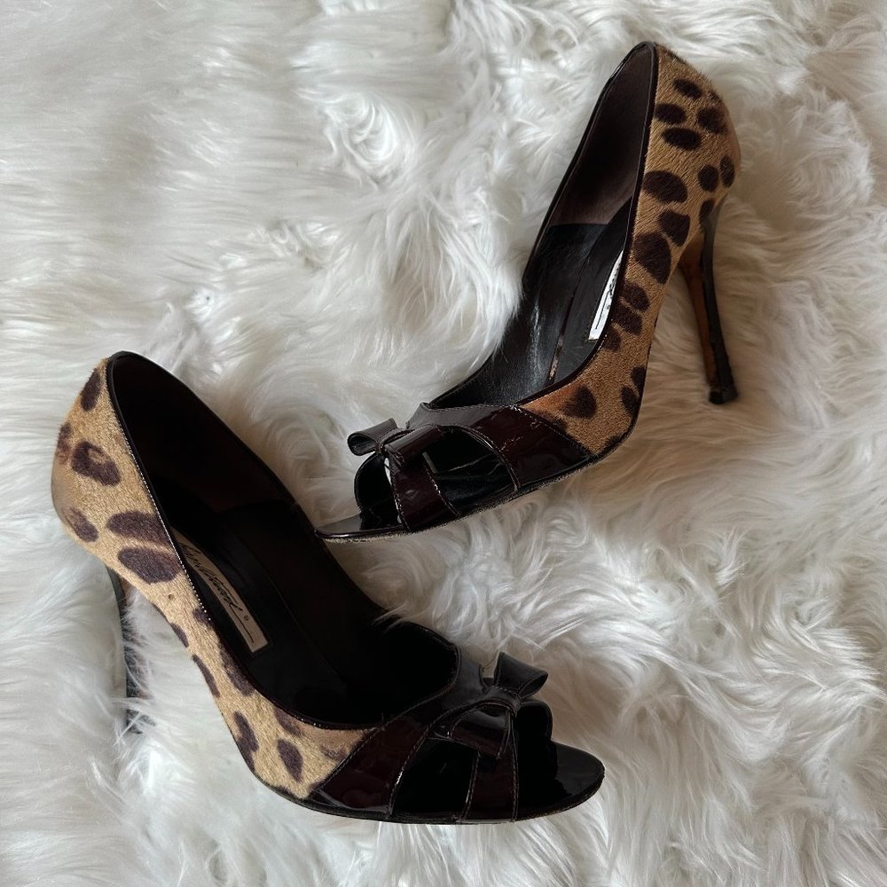 BRIAN ATWOOD Leopard Print Pony Hair with Leather Bow Peep Toe Heels Size 38